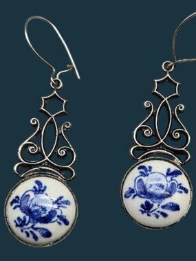 VTG Sterling Silver Filigree Blue White Porcelain Chinoiserie Dangle Earrings